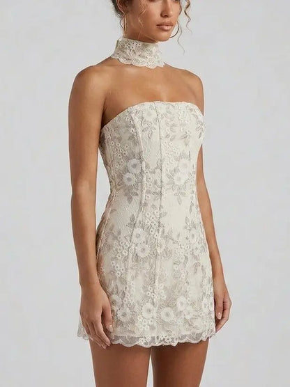 Strapless Lace Corset Mini Dress with Choker - Dresses