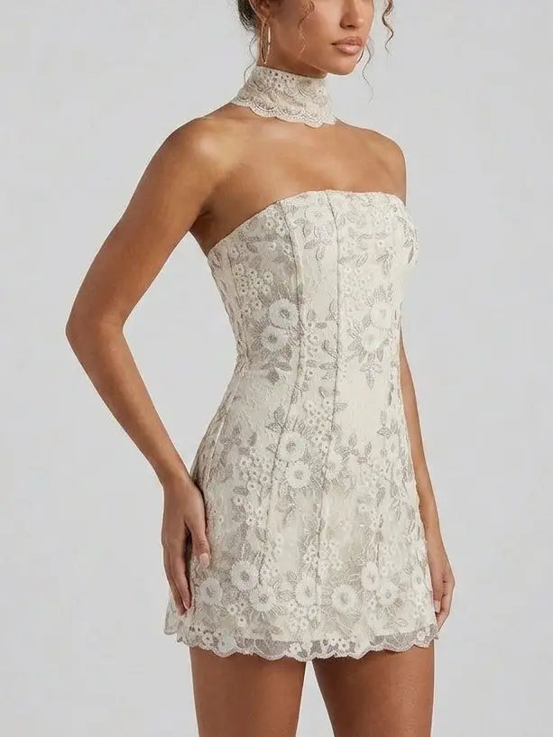 Strapless Lace Corset Mini Dress with Choker - Dresses