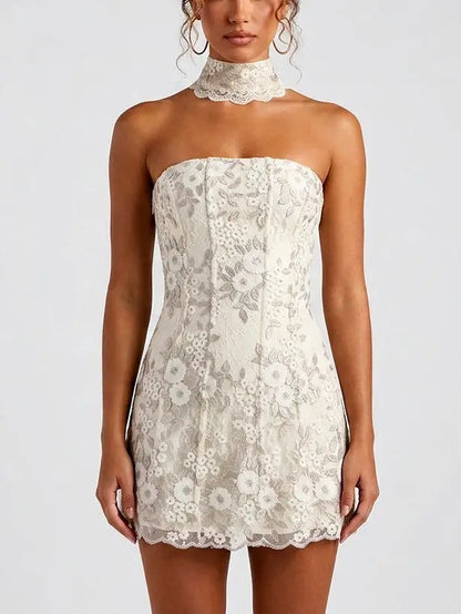 Strapless Lace Corset Mini Dress with Choker - Dresses
