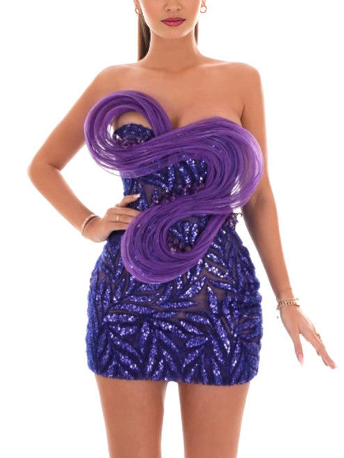 Strapless Purple Sequin Tulle and Mesh Mini Dress - Dresses