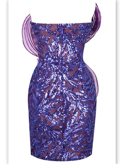 Strapless Purple Sequin Tulle and Mesh Mini Dress - Dresses