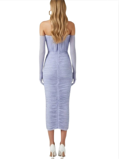 Strapless Rhinestone Ruched Midi Dress with Gloves - Dresses