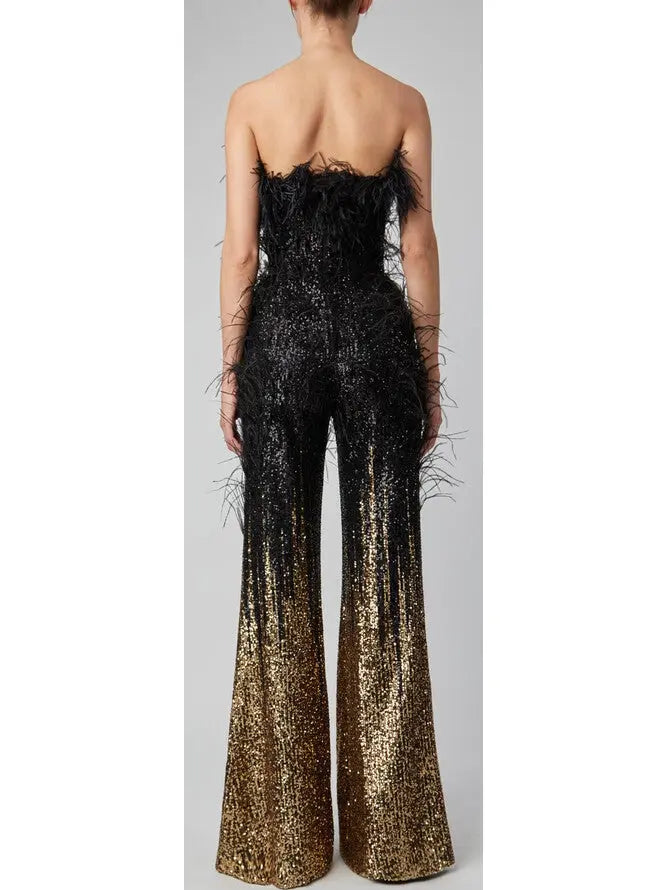 Strapless Sequin and Feather Jumpsuit - Suits & Sets