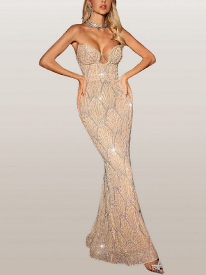 Strapless Sequin and Pearl Embellished Mesh Gown in Nude - Dresses