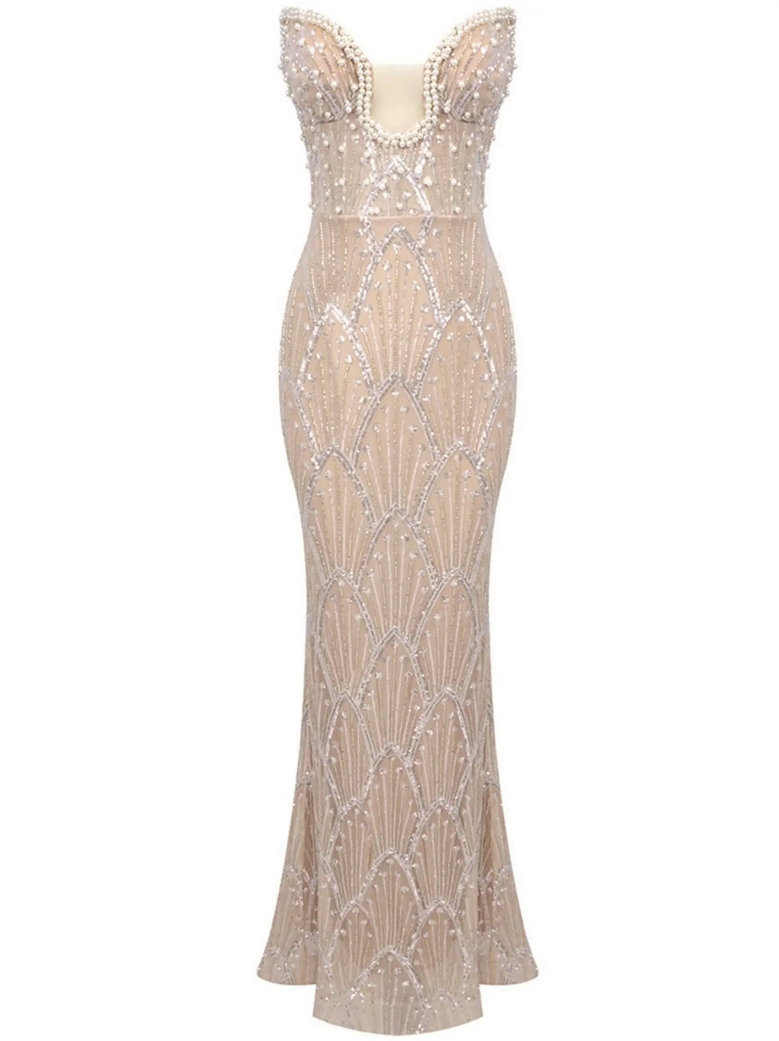 Strapless Sequin and Pearl Embellished Mesh Gown in Nude - Dresses