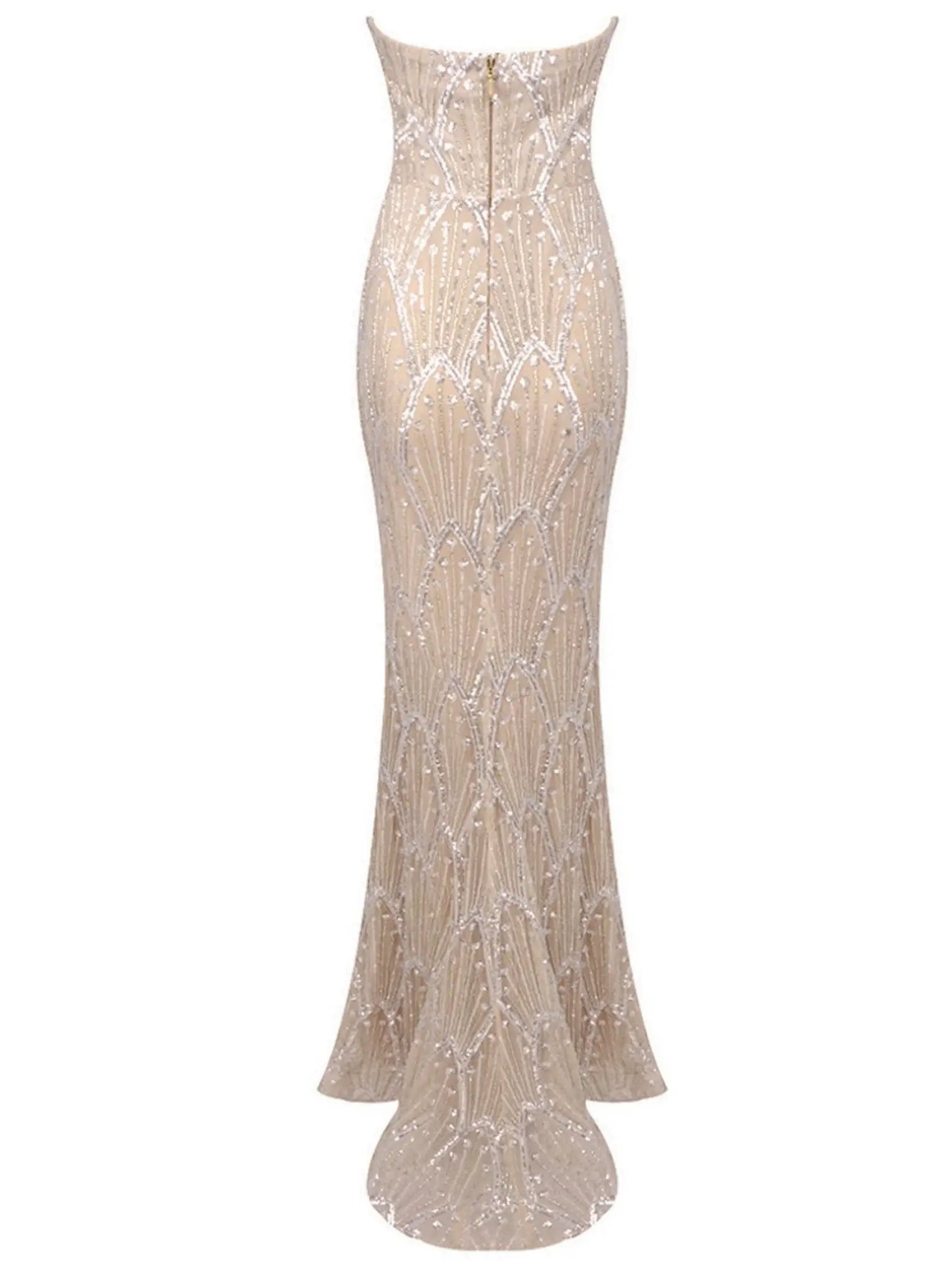 Strapless Sequin and Pearl Embellished Mesh Gown in Nude - Dresses