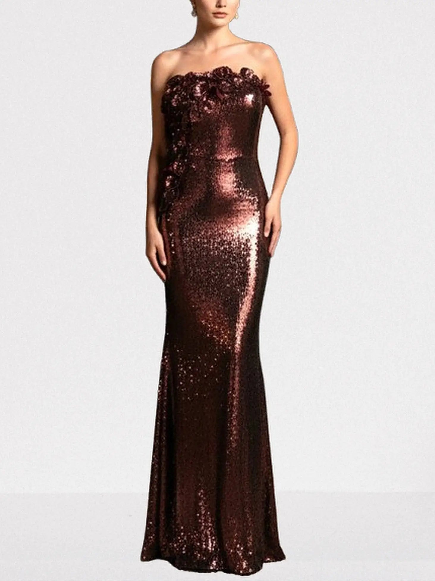 3D Petal-Appliquéd Mahogany Brown Sequin Gown - Dresses
