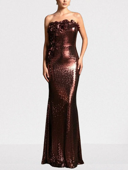 3D Petal-Appliquéd Mahogany Brown Sequin Gown - Dresses
