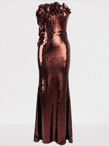 3D Petal-Appliquéd Mahogany Brown Sequin Gown - Dresses