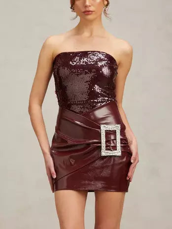 Burgundy Strapless Sequin Mini Dress with Buckled Wrap Effect and Patent Leather Skirt
