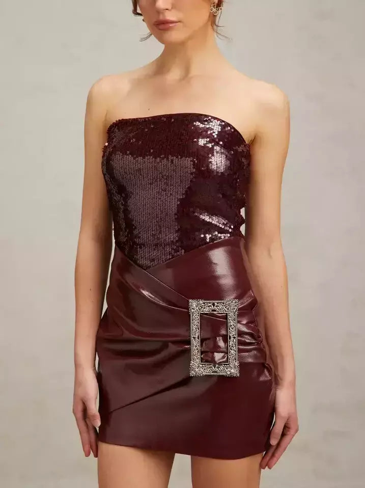 Burgundy Strapless Sequin Mini Dress with Buckled Wrap Effect and Patent Leather Skirt