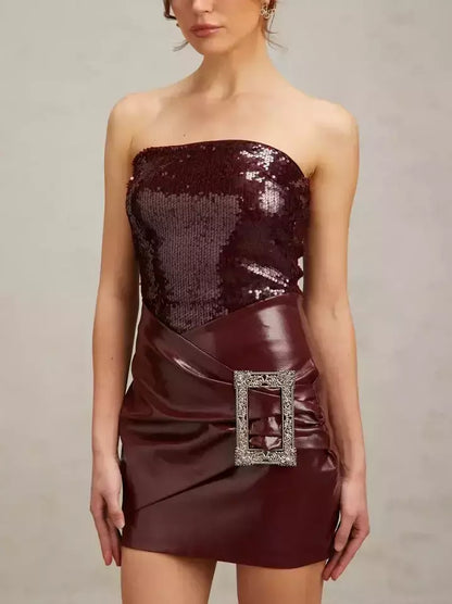 Burgundy Strapless Sequin Mini Dress with Buckled Wrap Effect and Patent Leather Skirt