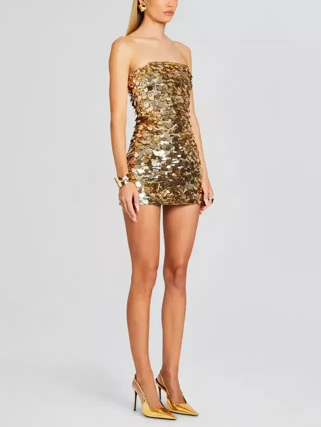 Strapless Sequined Mini Cocktail Dress in Gold - Dresses