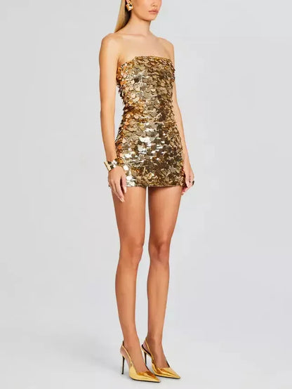 Strapless Sequined Mini Cocktail Dress in Gold - Dresses