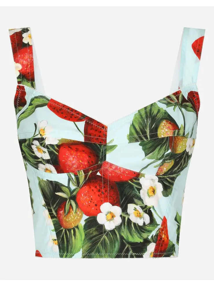 Strawberry-Print Poplin Corset Top - Tops