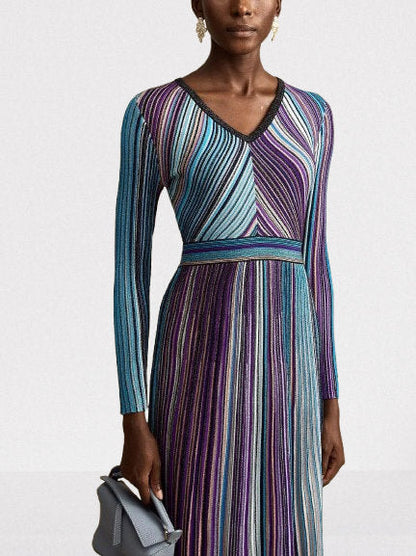 Stripe Knit V-Neck Midi Dress in Dark Multicolor - Dresses