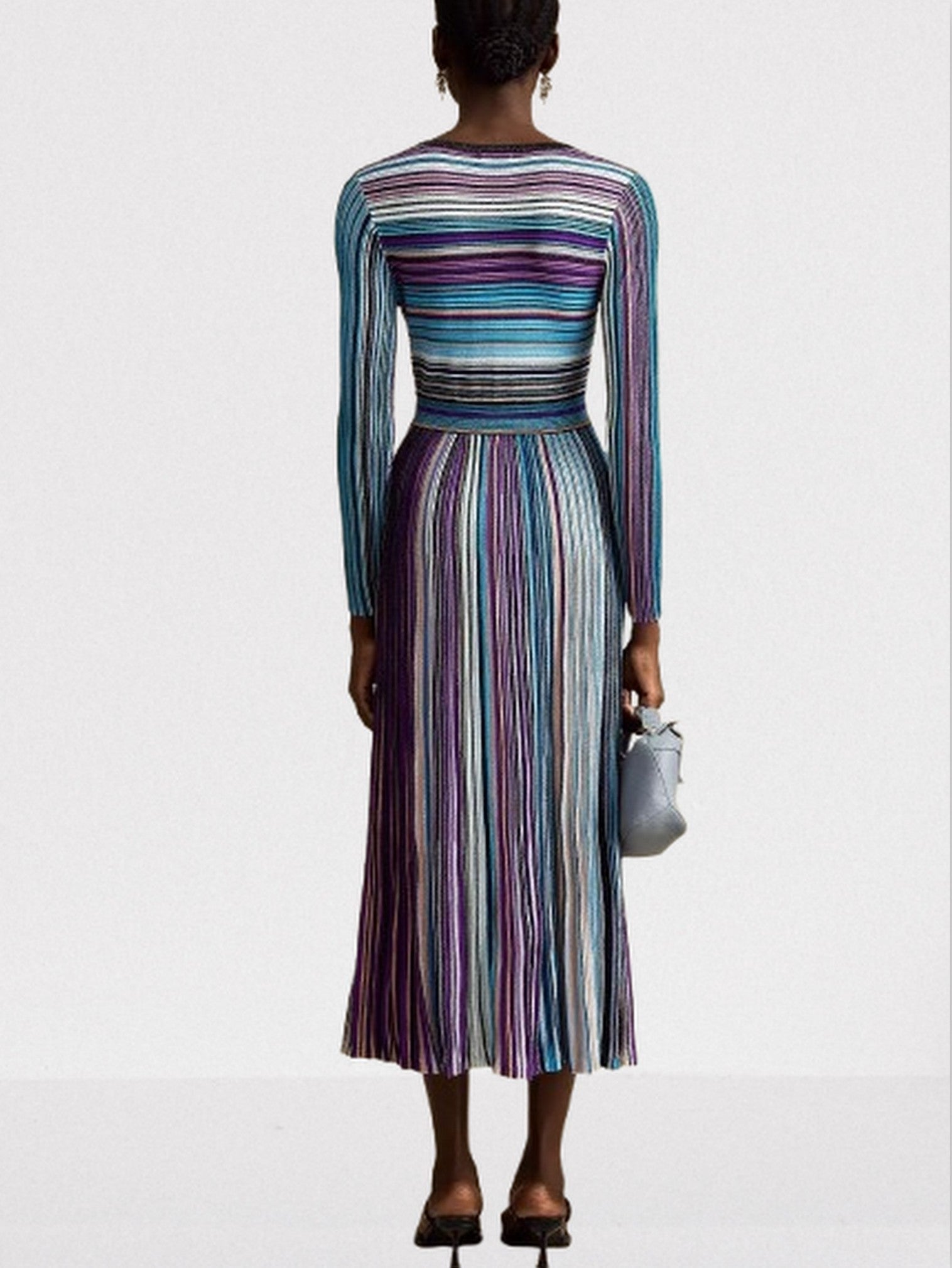 Stripe Knit V-Neck Midi Dress in Dark Multicolor - Dresses