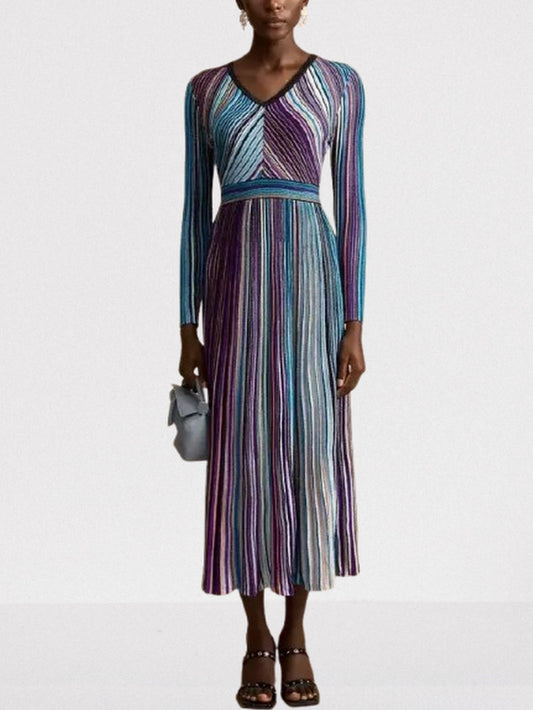 Stripe Knit V-Neck Midi Dress in Dark Multicolor - Dresses