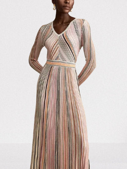 Stripe Knit V-Neck Midi Dress in Light Multicolor - Dresses