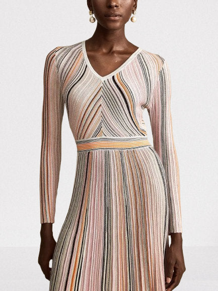Stripe Knit V-Neck Midi Dress in Light Multicolor - Dresses