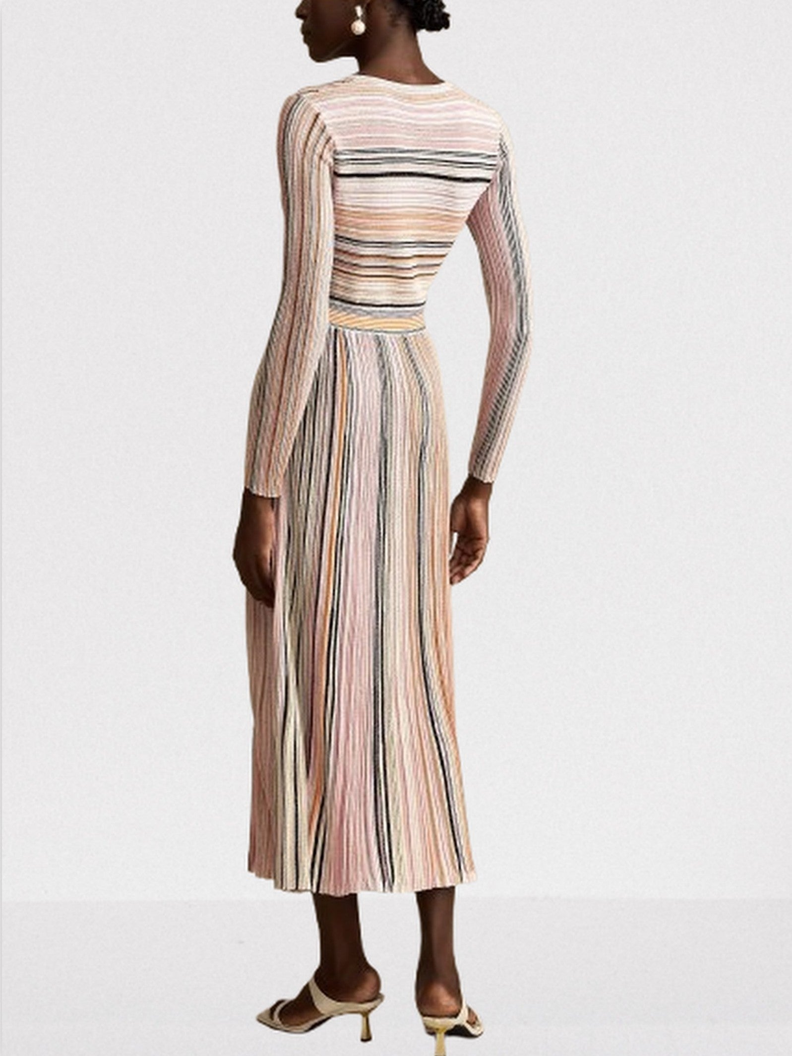 Stripe Knit V-Neck Midi Dress in Light Multicolor - Dresses