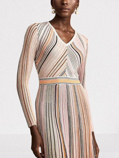 Stripe Knit V-Neck Midi Dress in Light Multicolor - Dresses