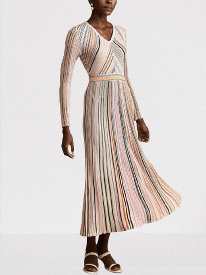 Stripe Knit V-Neck Midi Dress in Light Multicolor - Dresses