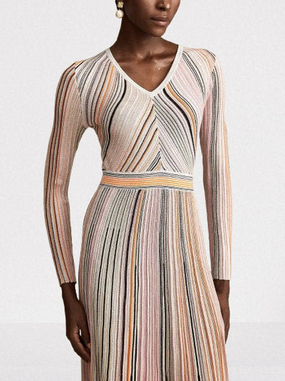 Stripe Knit V-Neck Midi Dress in Light Multicolor - Dresses