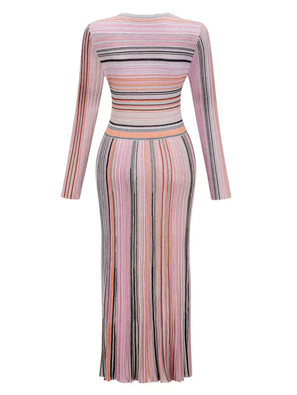 Stripe Knit V-Neck Midi Dress in Light Multicolor - Dresses