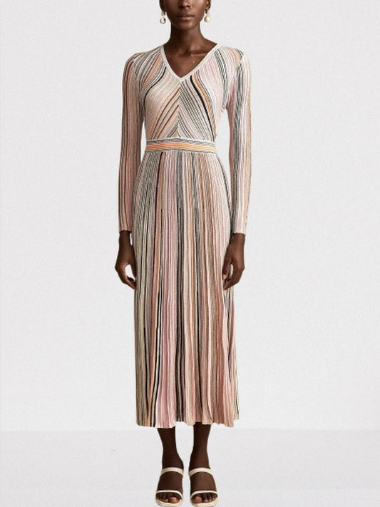 Stripe Knit V-Neck Midi Dress in Light Multicolor - Dresses