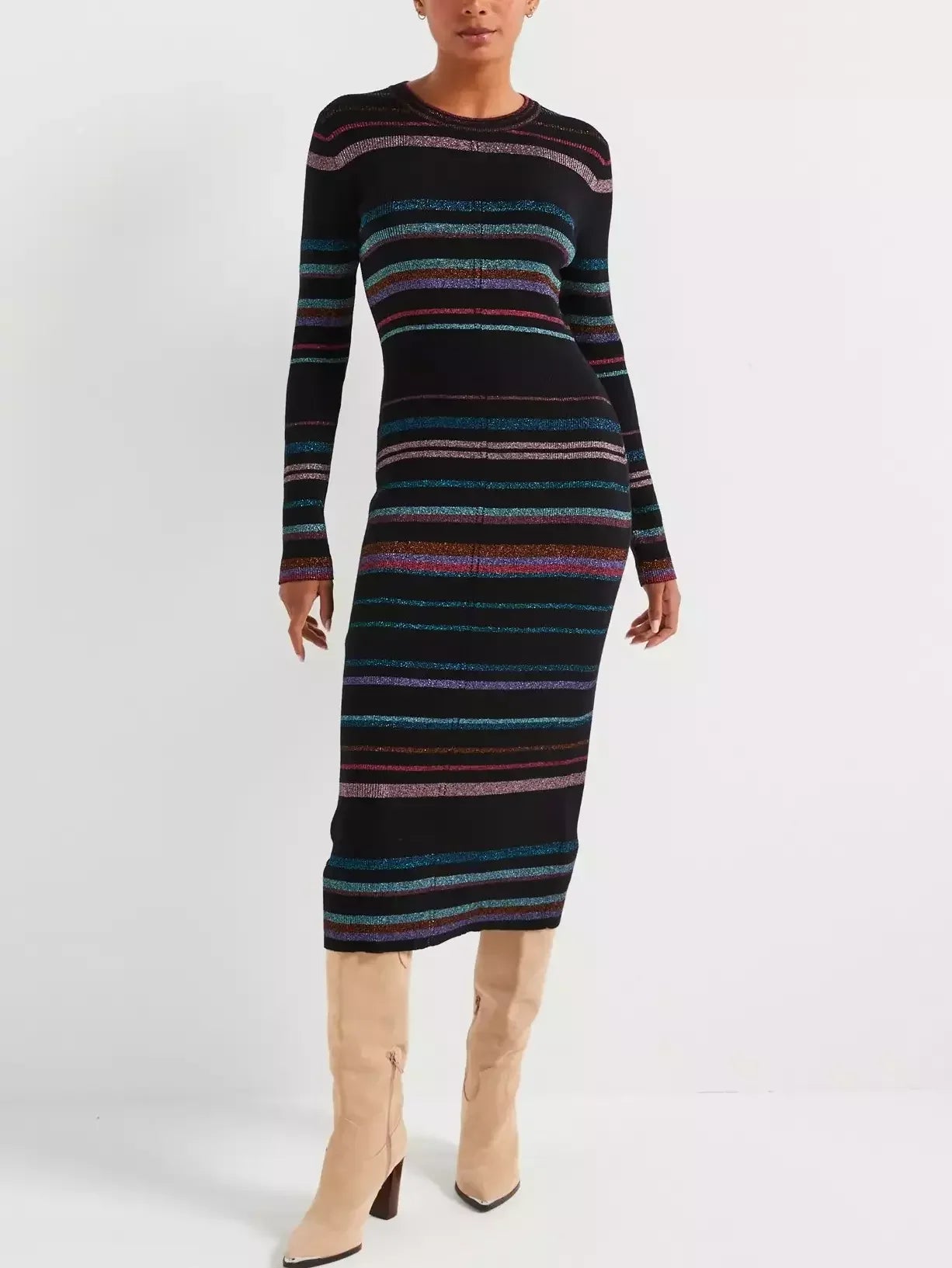 Stripe Metallic Knit Midi Dress - Dresses