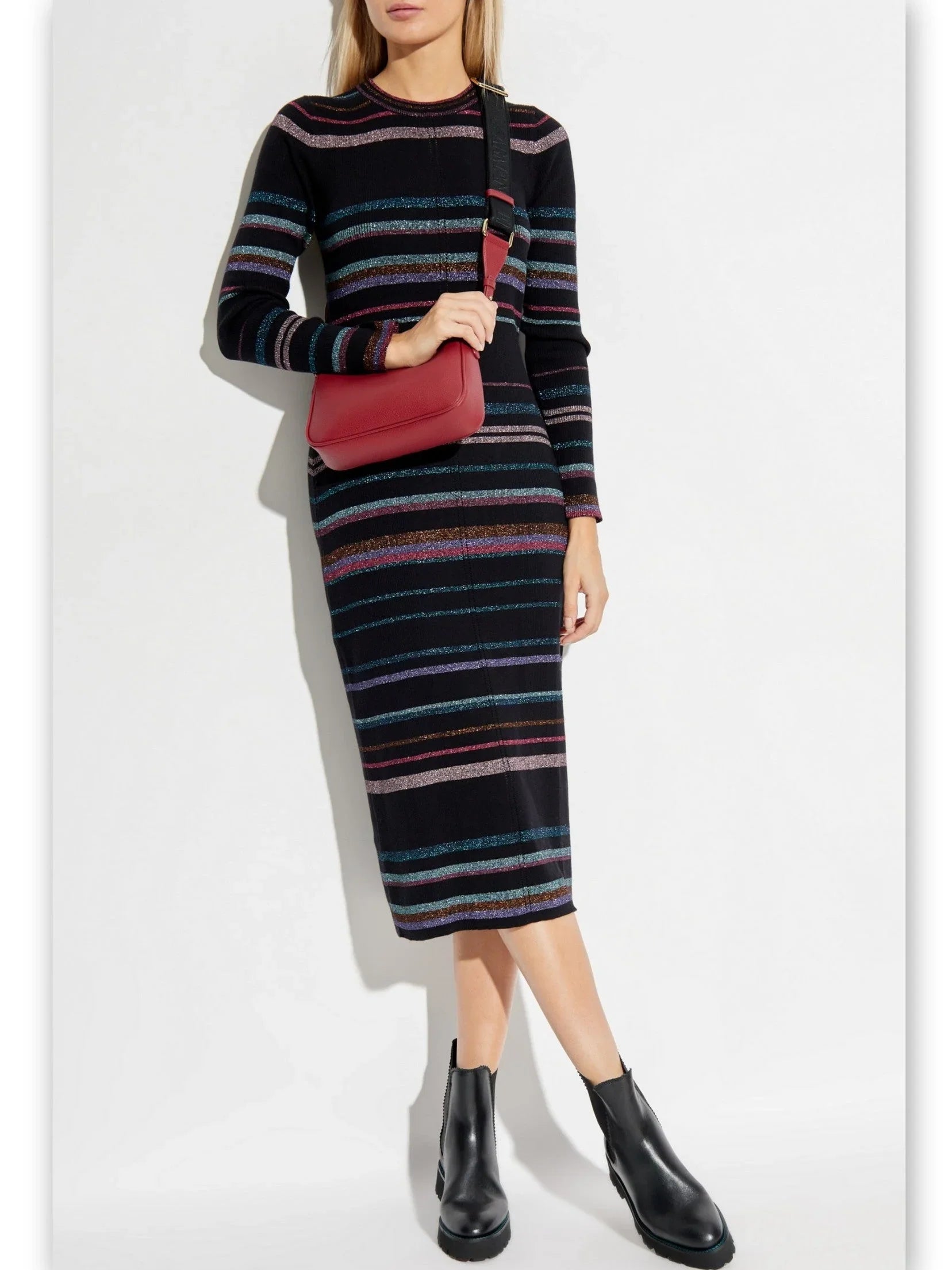 Stripe Metallic Knit Midi Dress - Dresses