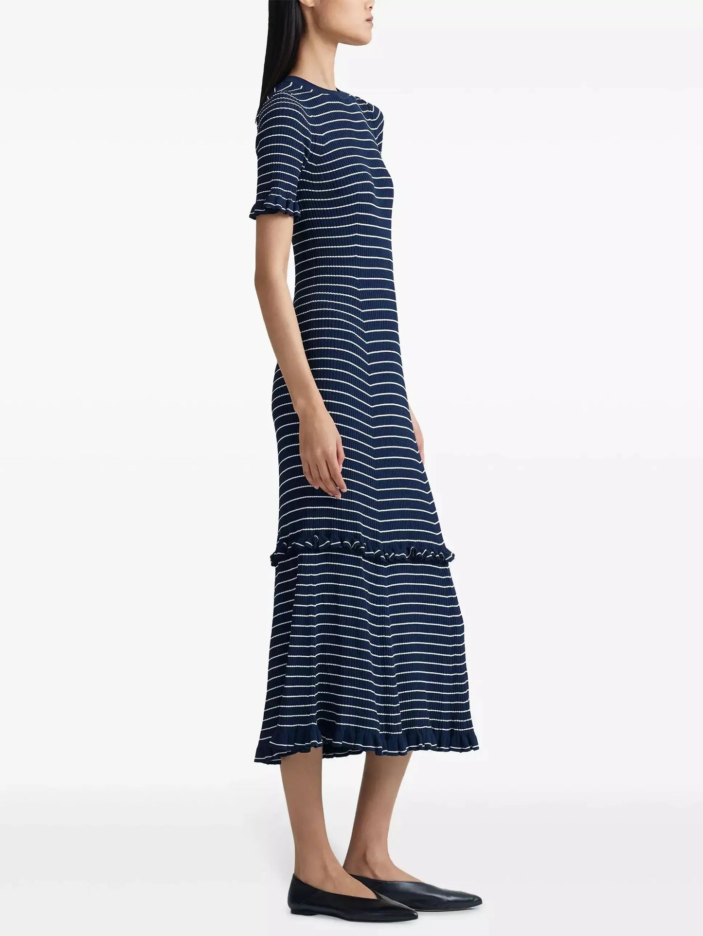 Stripe Ruffle Trim Midi Dress in Navy - Dresses