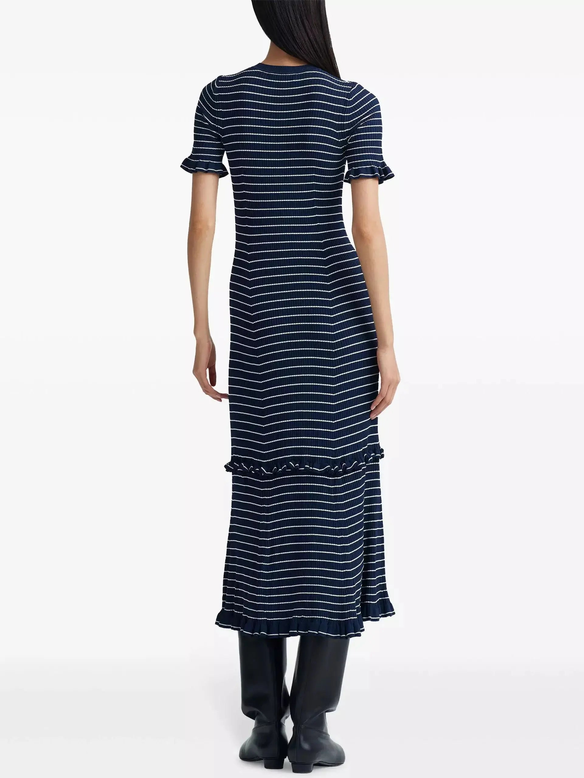 Stripe Ruffle Trim Midi Dress in Navy - Dresses