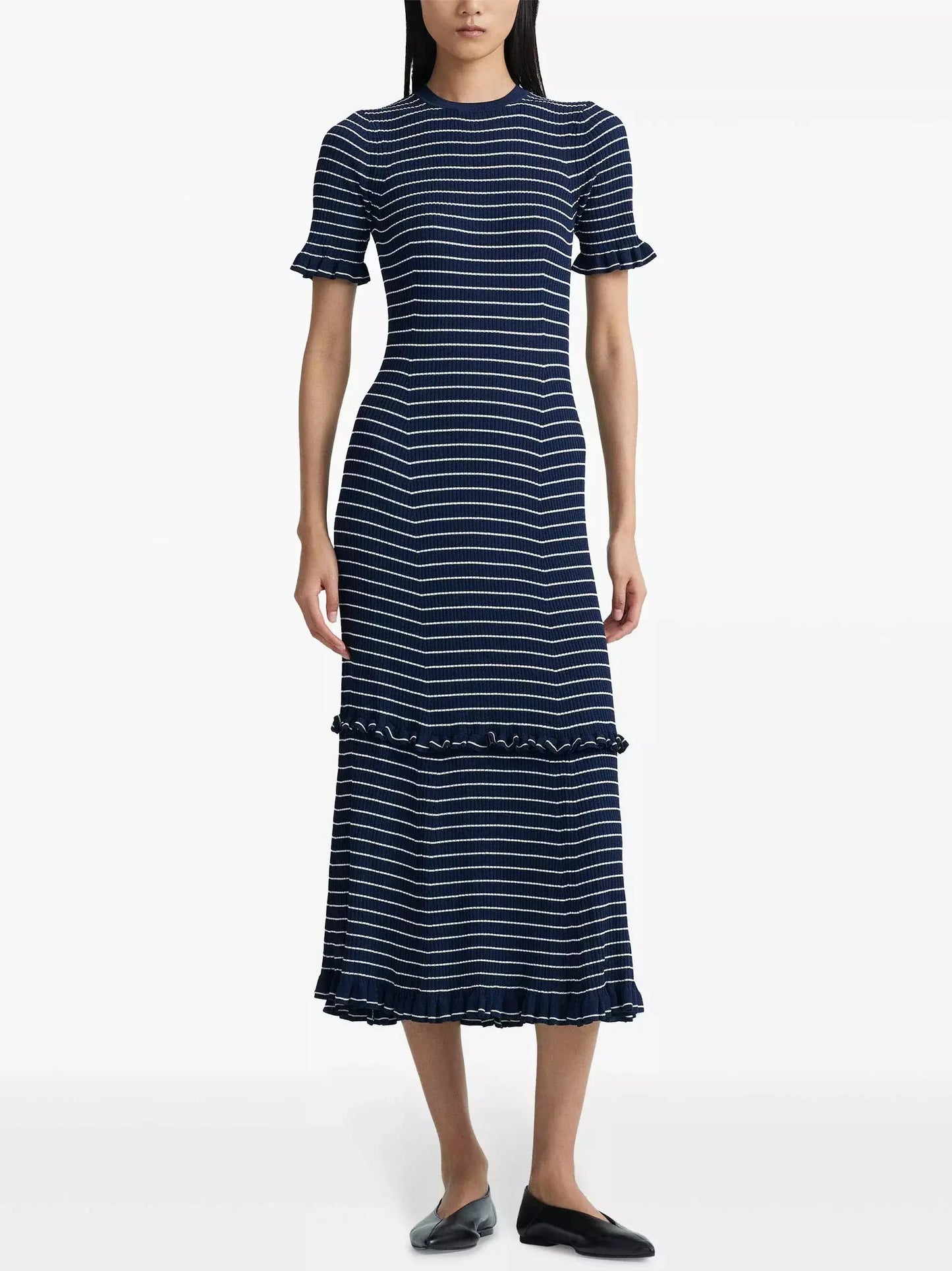 Stripe Ruffle Trim Midi Dress in Navy - Dresses