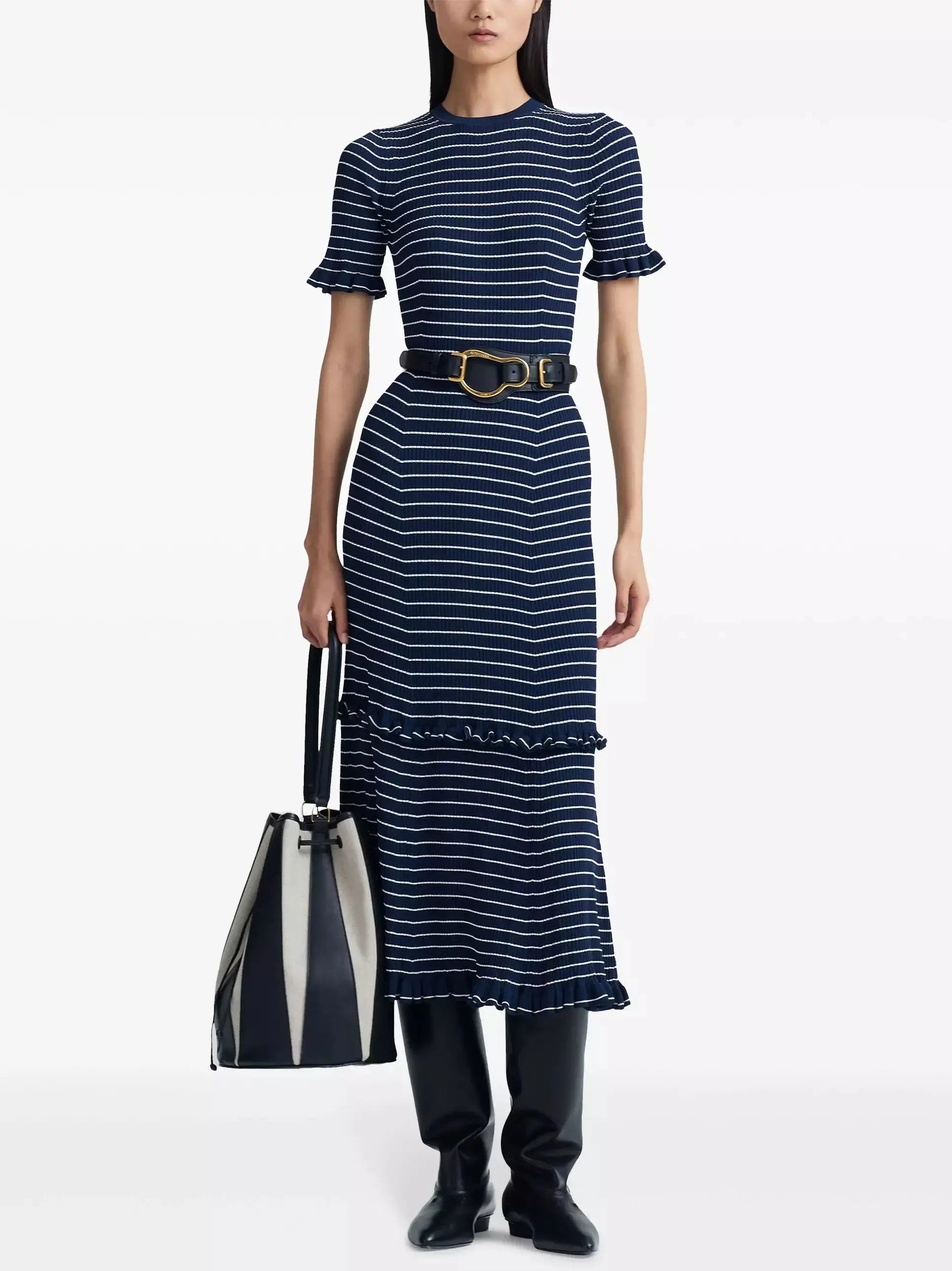 Stripe Ruffle Trim Midi Dress in Navy - Dresses