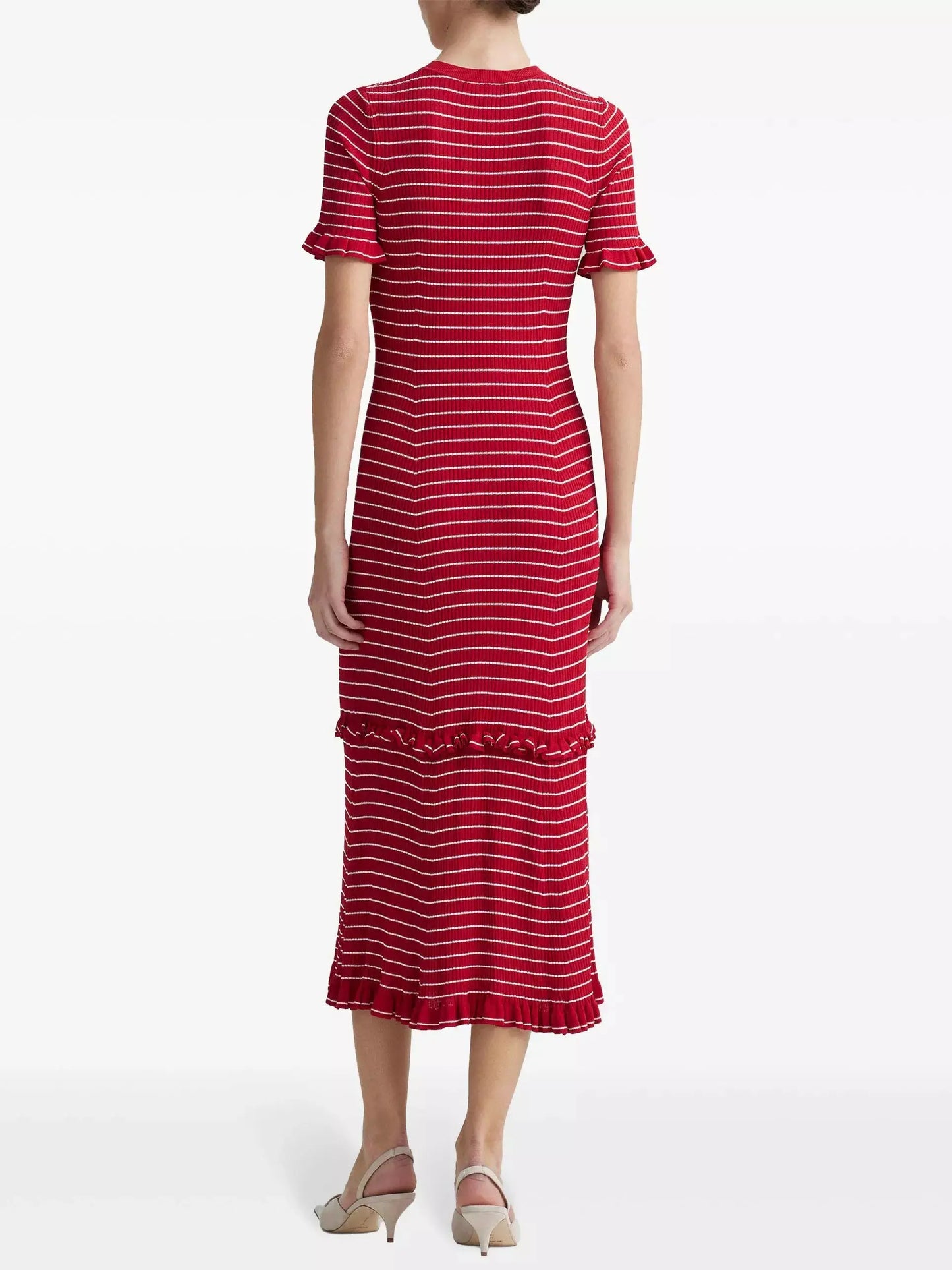 Stripe Ruffle Trim Midi Dress in Red - Dresses