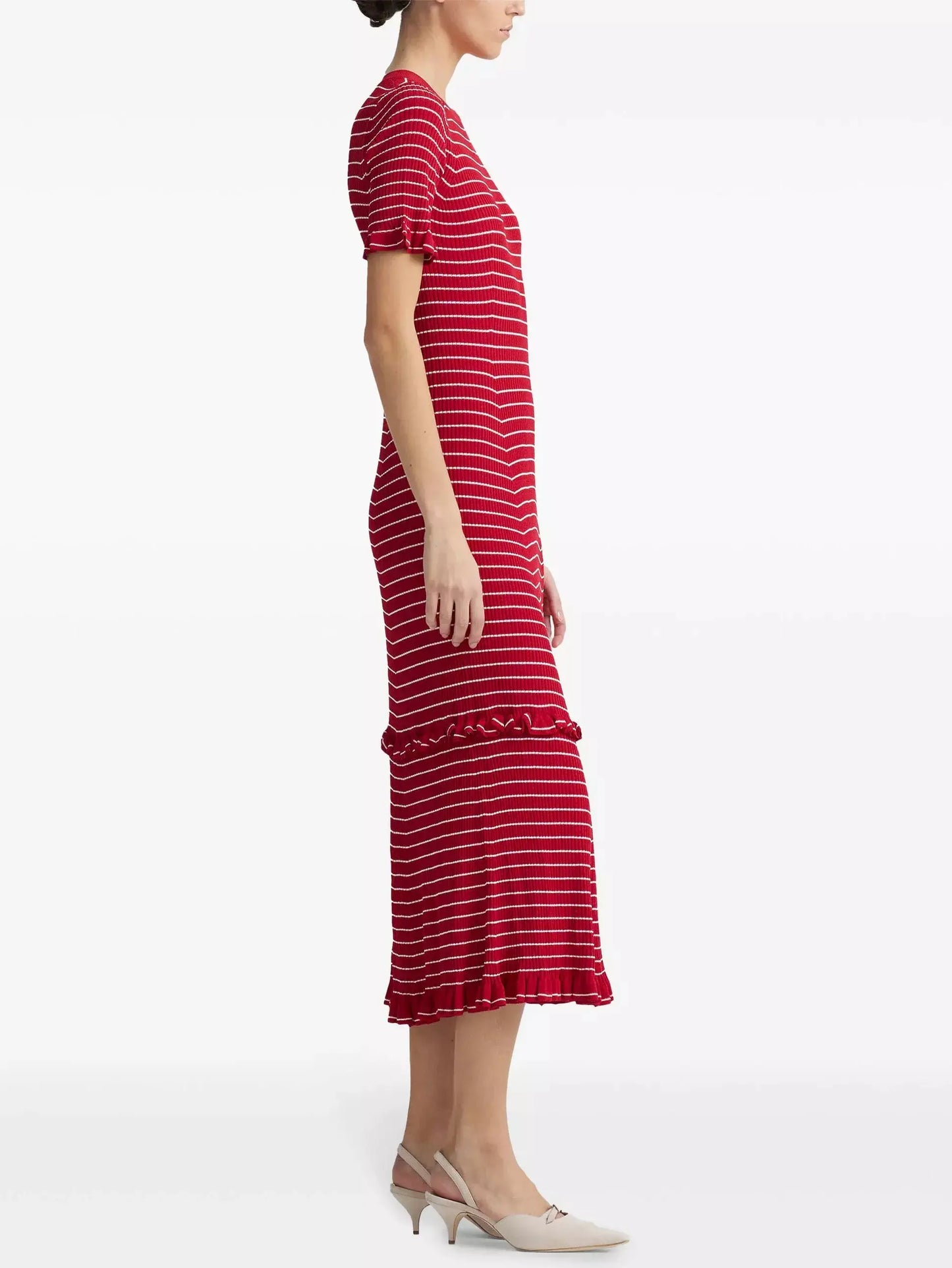 Stripe Ruffle Trim Midi Dress in Red - Dresses