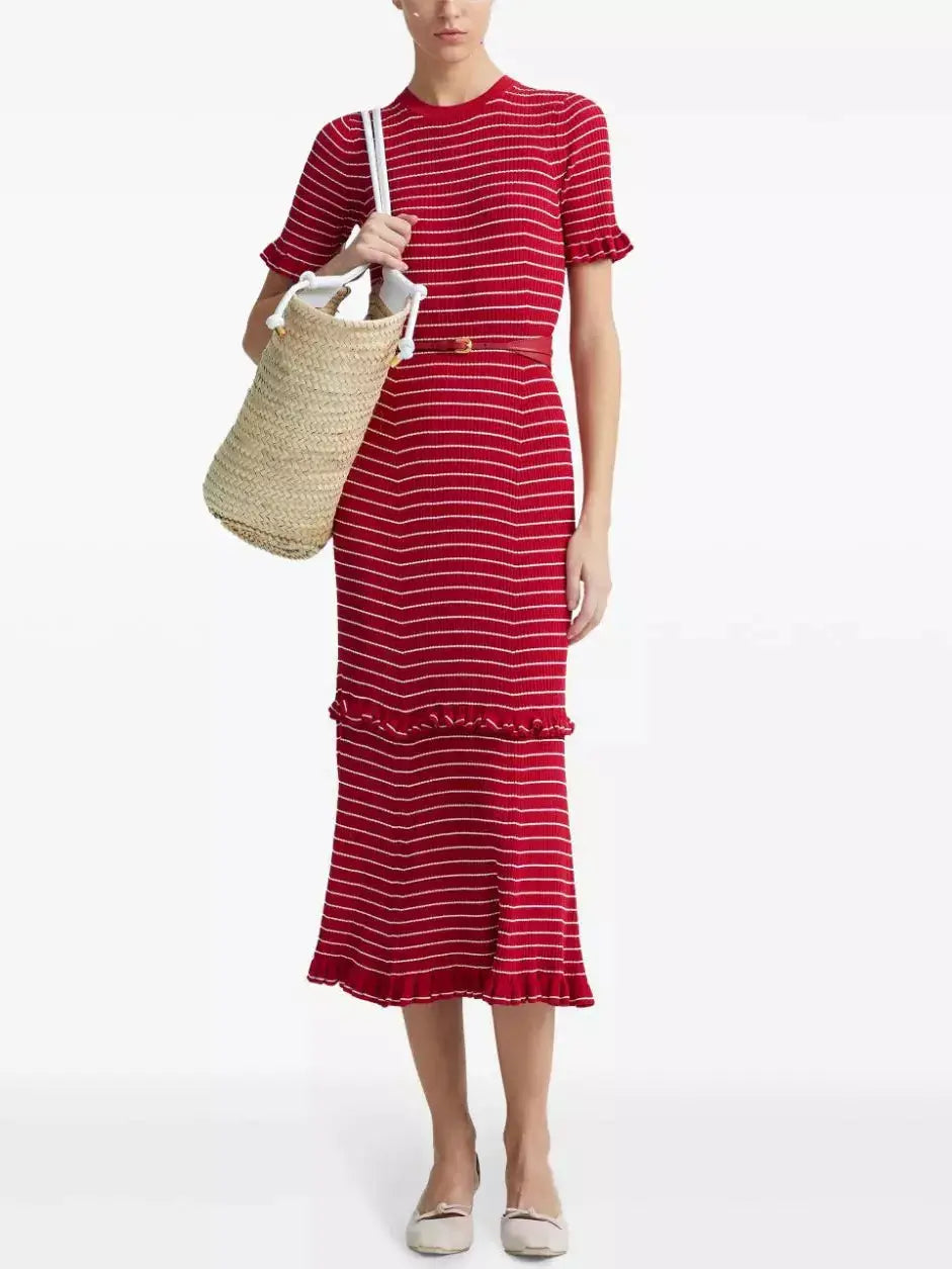 Stripe Ruffle Trim Midi Dress in Red - Dresses