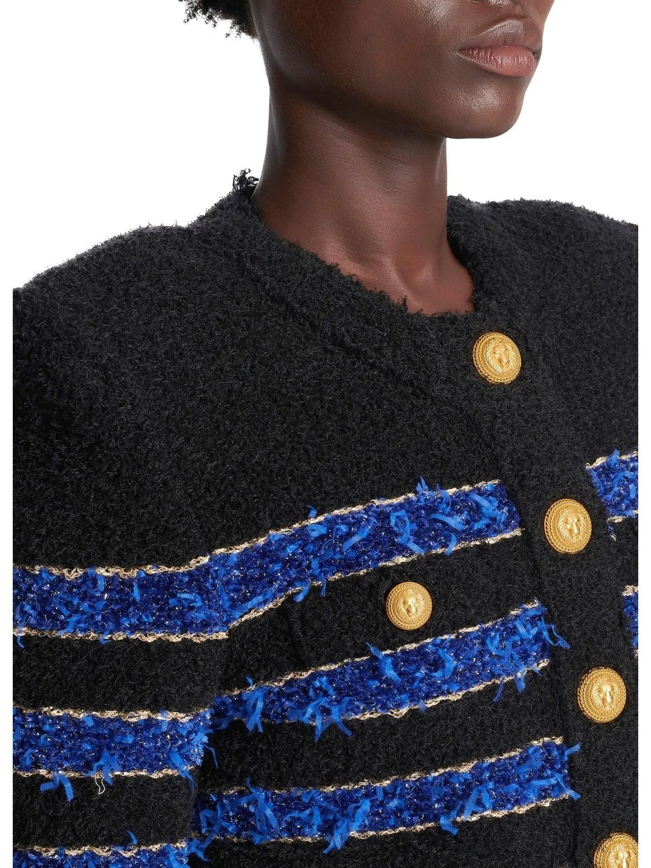 Stripe Tweed Cardigan Jacket in Black and Blue - Jackets