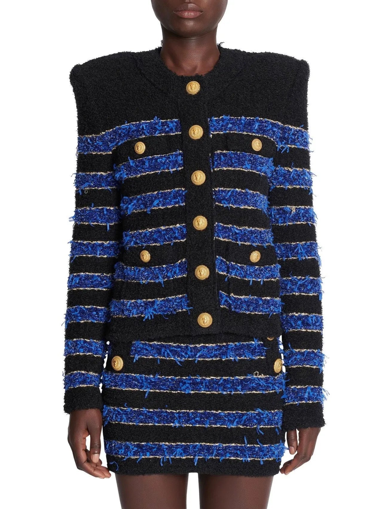 Stripe Tweed Cardigan Jacket in Black and Blue - Jackets