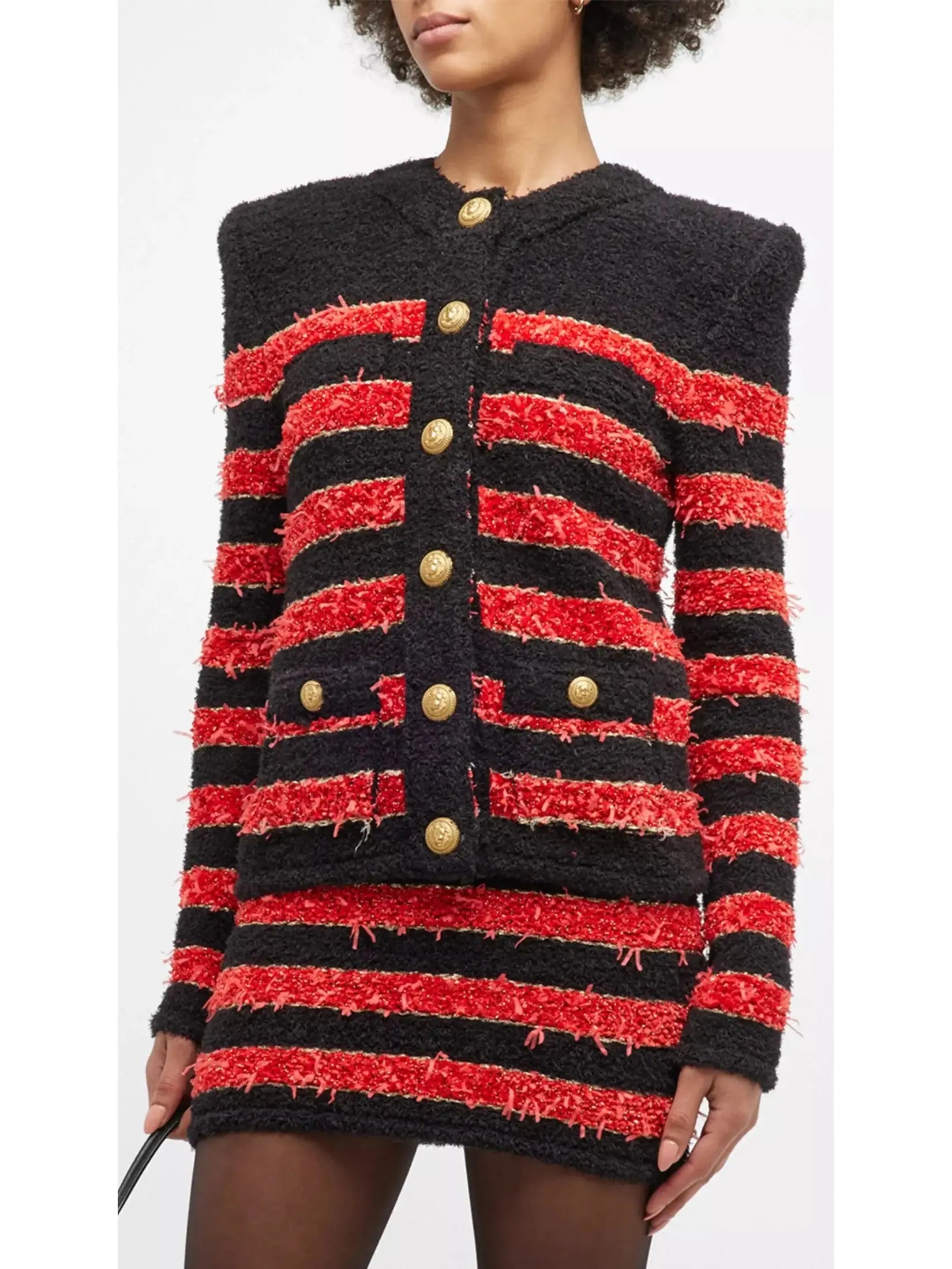 Stripe Tweed Cardigan Jacket in Black and Red - Jackets