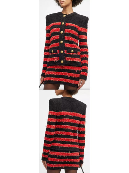 Stripe Tweed Cardigan Jacket in Black and Red - small - Jackets