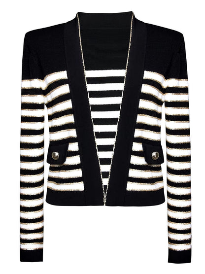 Striped Button-Embellished Metallic Knitted Cardigan - Sweaters & Knitwear