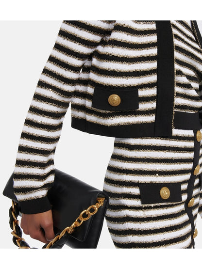 Striped Button-Embellished Metallic Knitted Cardigan - Sweaters & Knitwear