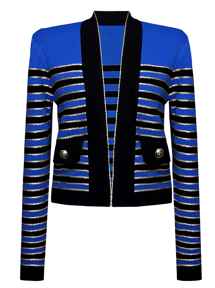 Striped Button-Embellished Metallic Knitted Cardigan - Sweaters & Knitwear