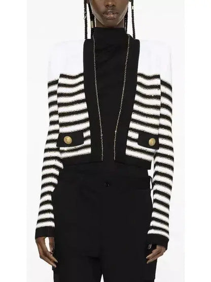 Striped Button-Embellished Metallic Knitted Cardigan - Sweaters & Knitwear