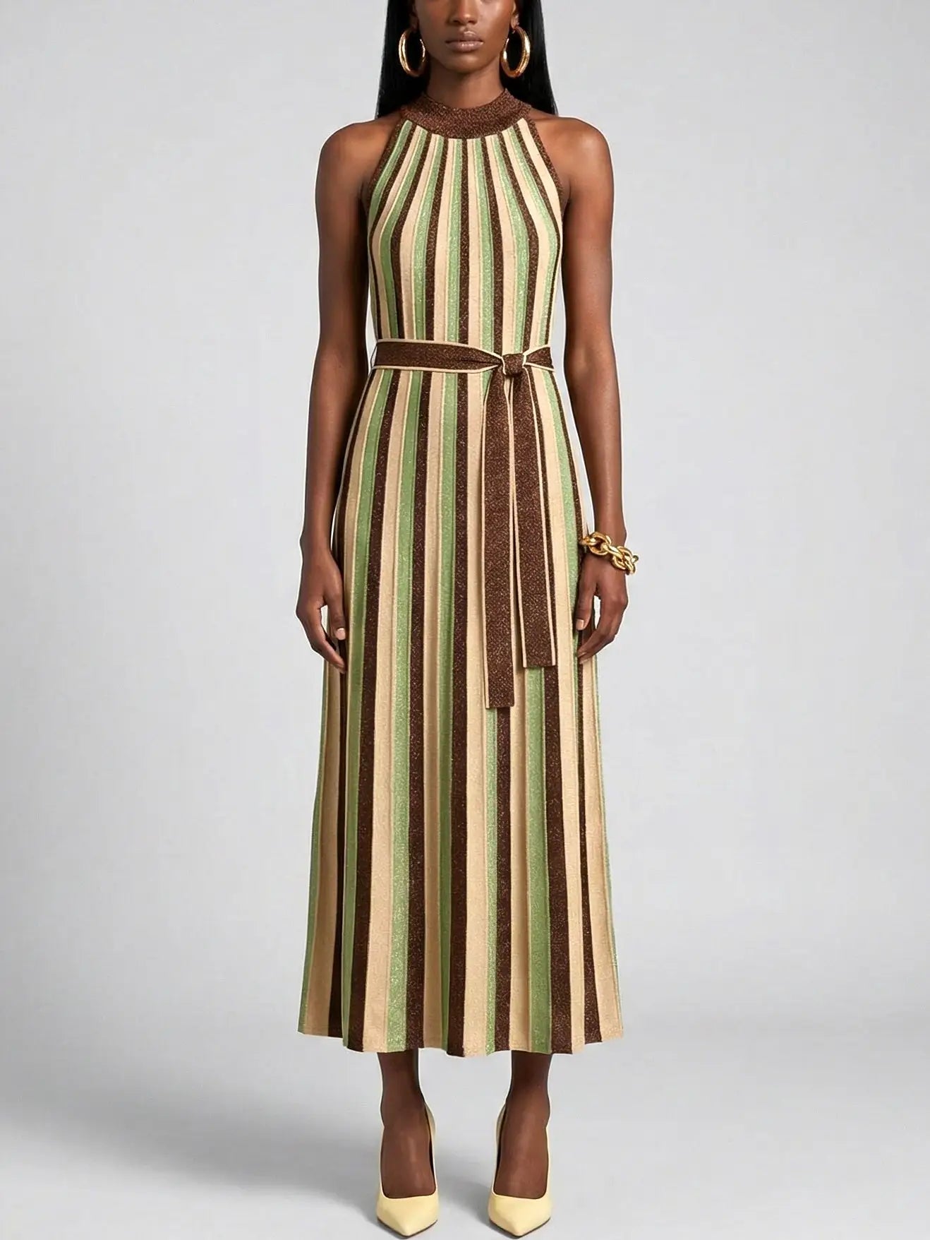 Striped Metallic Halter Neck Knit Dress - Dresses