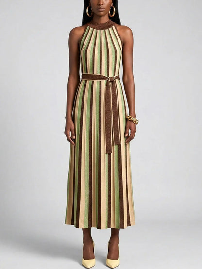 Striped Metallic Halter Neck Knit Dress - Dresses