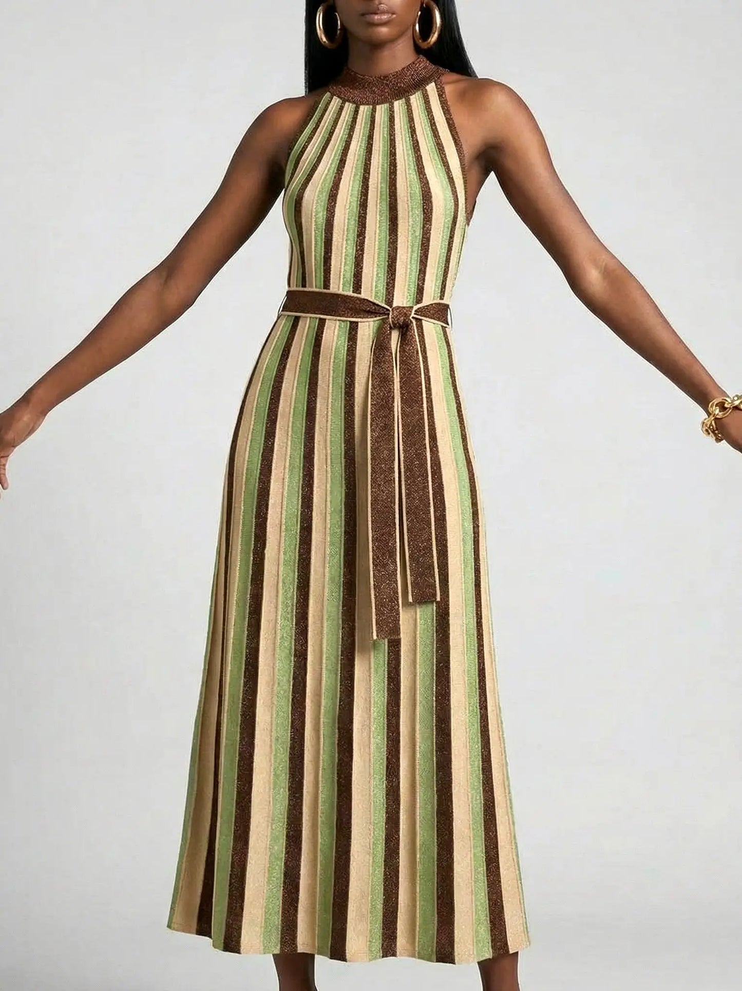 Striped Metallic Halter Neck Knit Dress - Dresses
